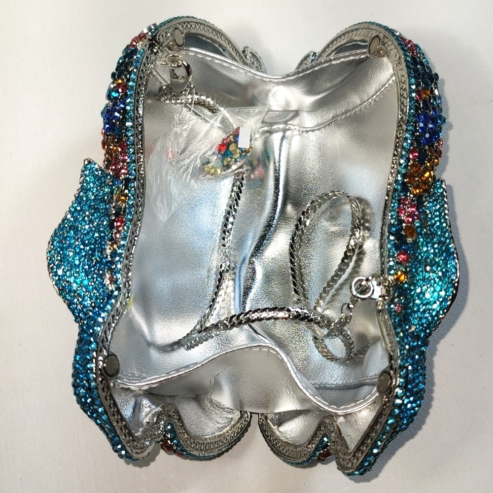 New In Box Blue Colorful Crystals Floral Rabbit Evening Clutch Purse - Picture 4 of 17